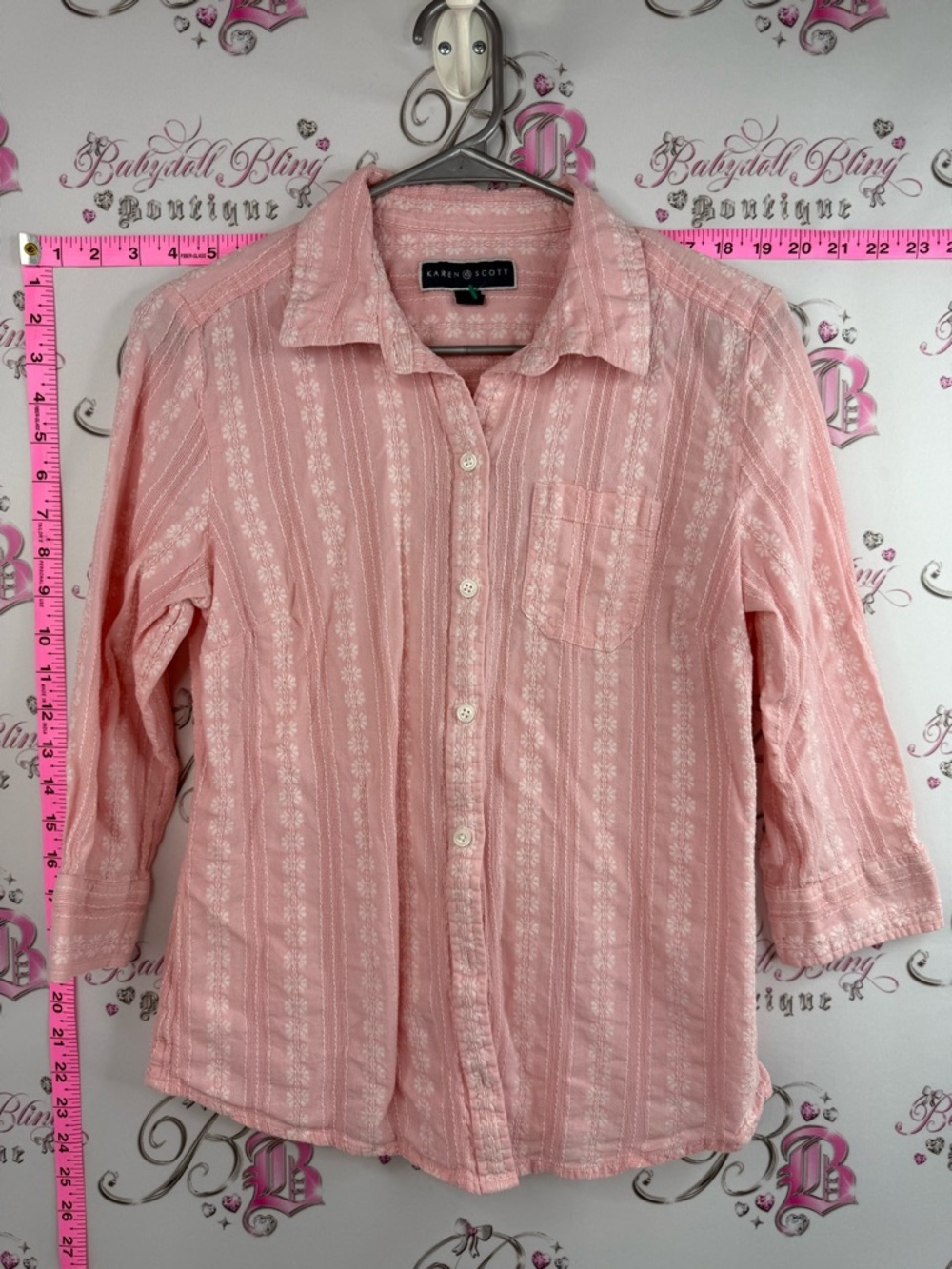 Karen Scott button up cotton flowers Soft Pink Embroidered Button-Front Blouse